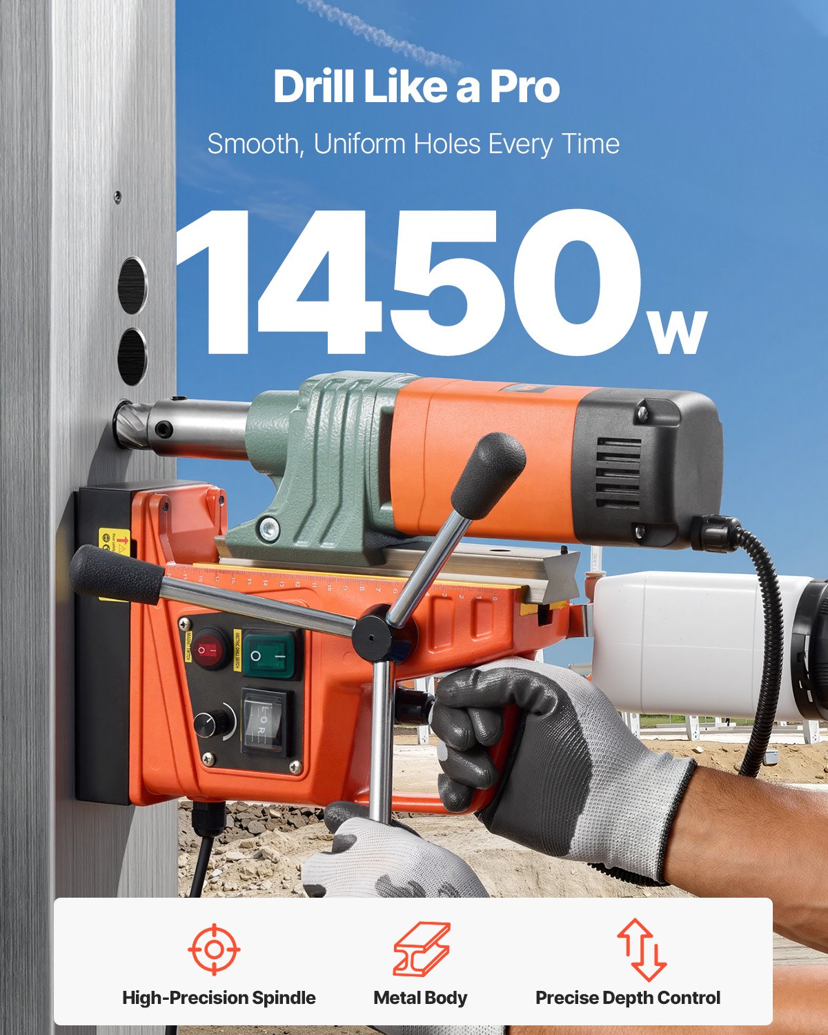 Magnetic Drill, 1450W Motor 50 mm Coring Diameter, 13000 N Magnetic Force, Portable Electric Mag Drill Press with 6 Coring Bits, Variable Speed, Drilling Machine for Metal Surface, Industrial
