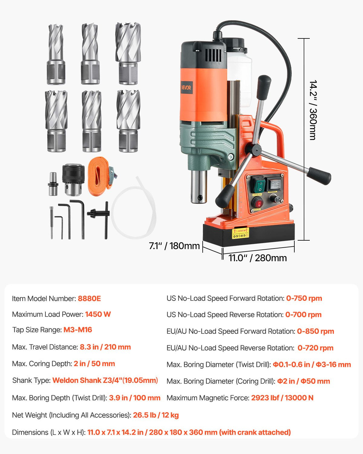 Magnetic Drill, 1450W Motor 50 mm Coring Diameter, 13000 N Magnetic Force, Portable Electric Mag Drill Press with 6 Coring Bits, Variable Speed, Drilling Machine for Metal Surface, Industrial