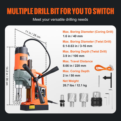 VEVOR Magnetic Drill, 1450W 1.57" Boring Diameter, 12500N 800 RPM Portable Electric