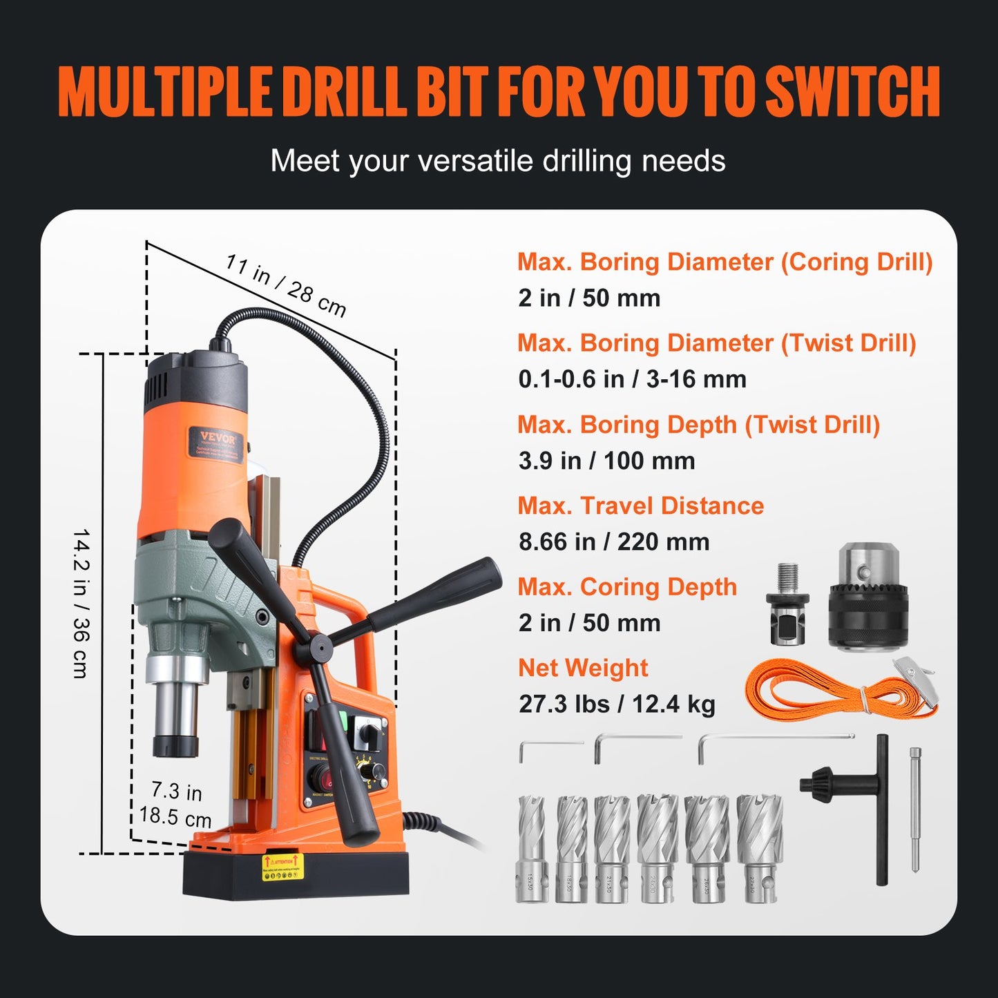 VEVOR Magnetic Drill, 1450W 2" Boring Diameter, 12800N Portable Electric Mag Drill
