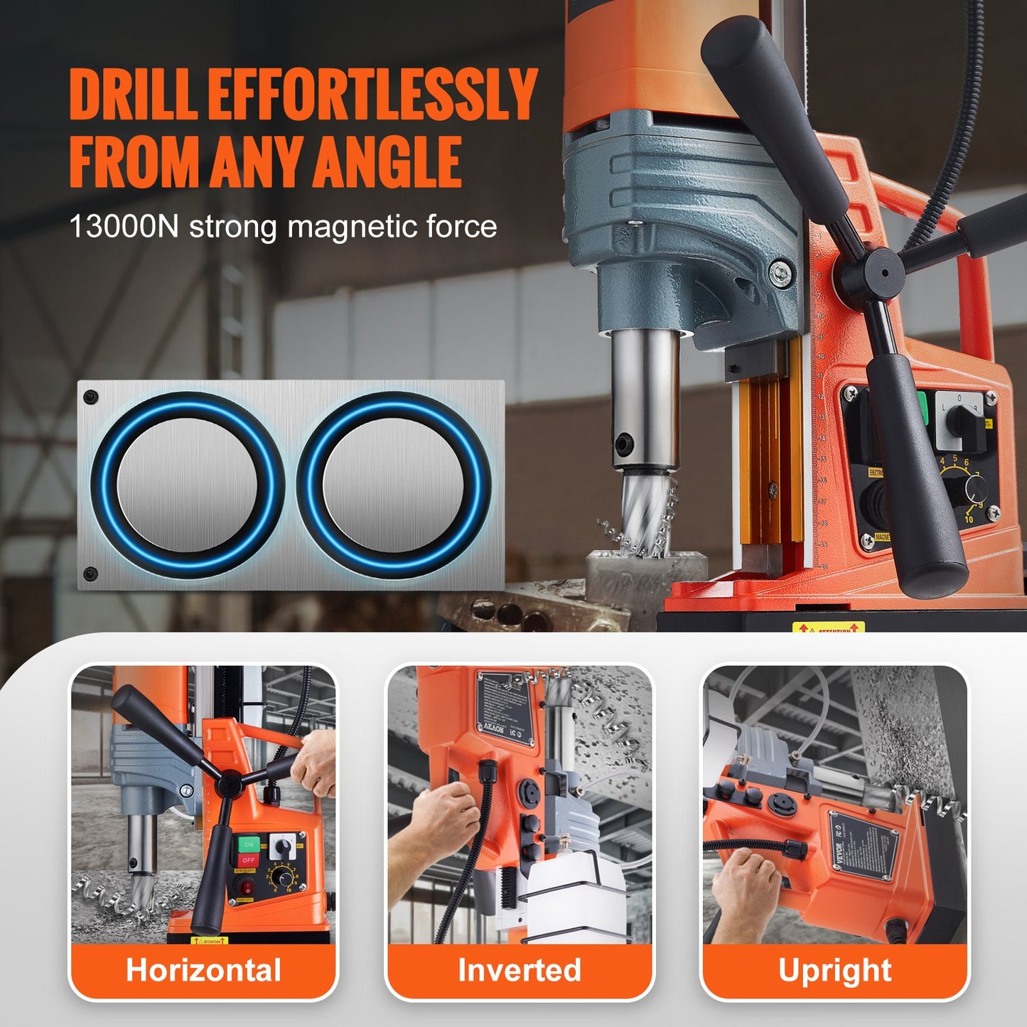 VEVOR Magnetic Drill, 1300W 1.57" Boring Diameter, 2922lbf/13000N Portable Electric