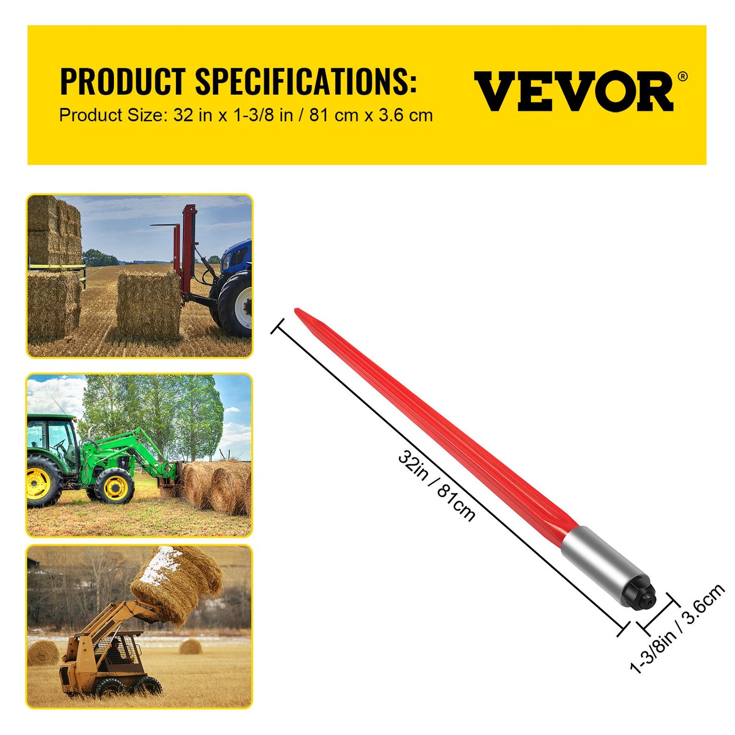 VEVOR Hay Spear 32" Bale Spear 1350 lbs Capacity, Bale Spike Quick Attach Square