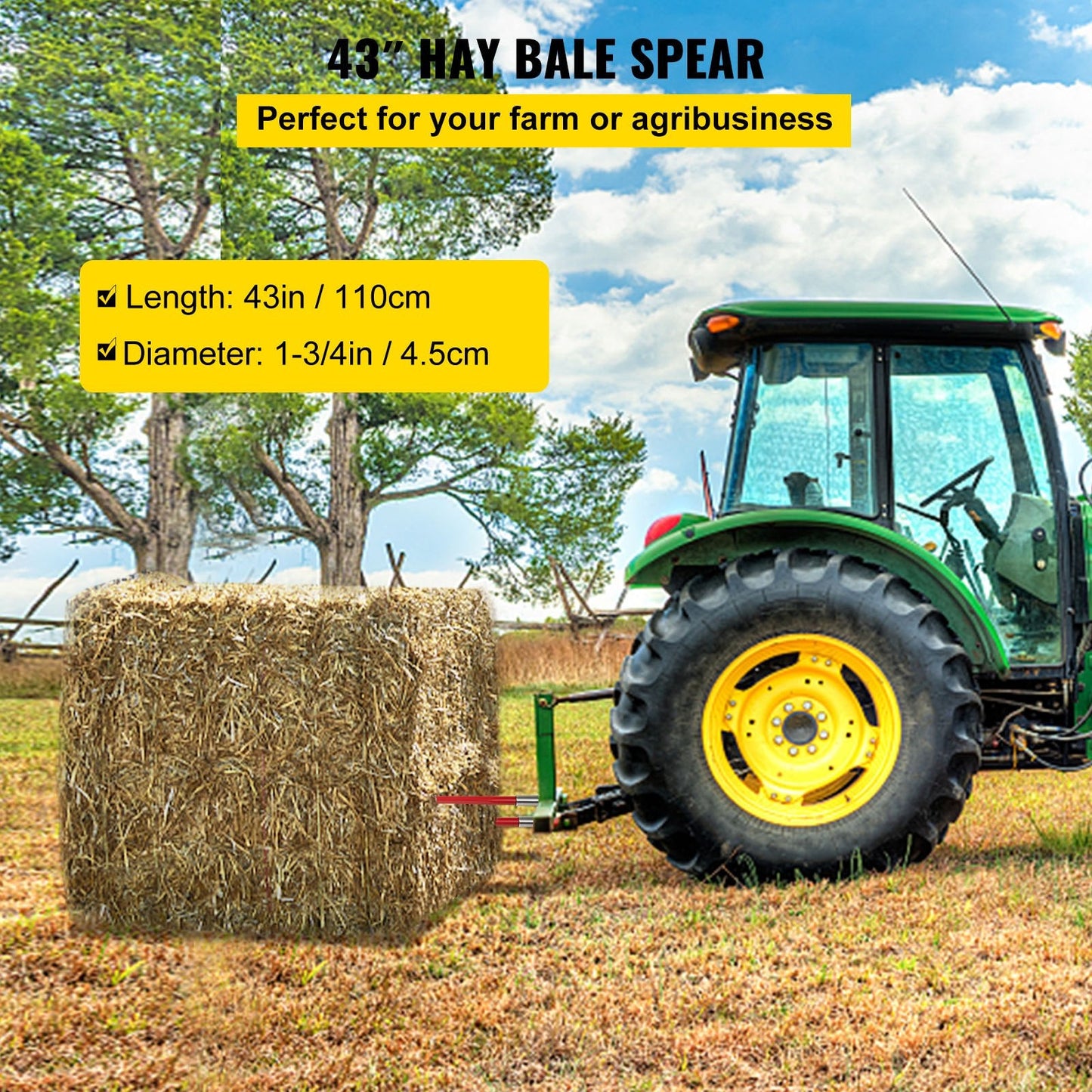 Heavy-Duty 1.1m Hay Bale Spear Pair, 1360kg Capacity, Red Coated Forks