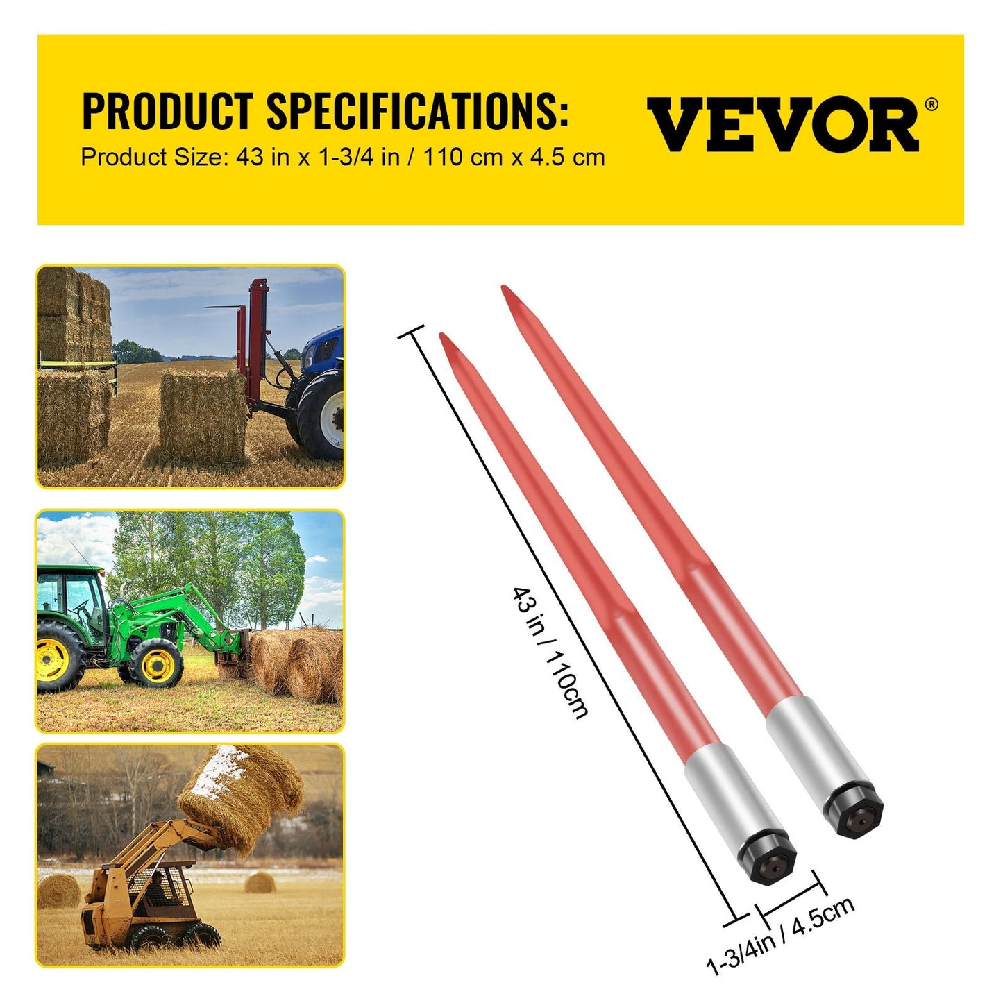 Heavy-Duty 1.1m Hay Bale Spear Pair, 1360kg Capacity, Red Coated Forks