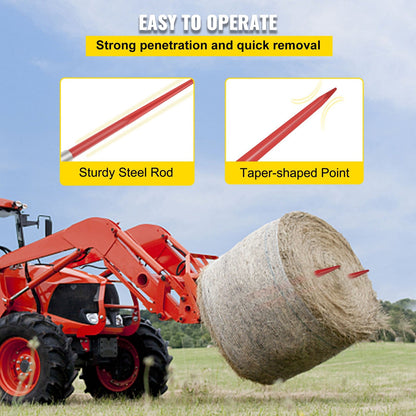 Heavy-Duty Hay Bale Spears, 125cm, 2041kg Capacity, Red, for Tractors & Loaders
