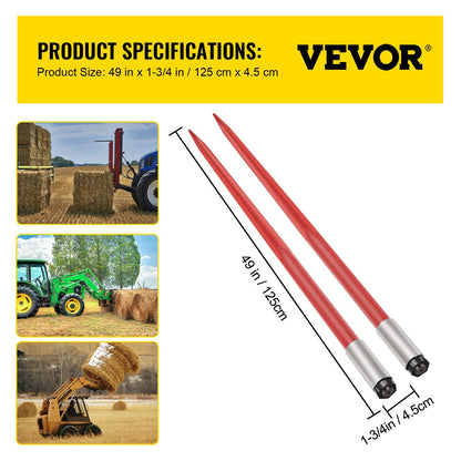 Heavy-Duty Hay Bale Spears, 125cm, 2041kg Capacity, Red, for Tractors & Loaders