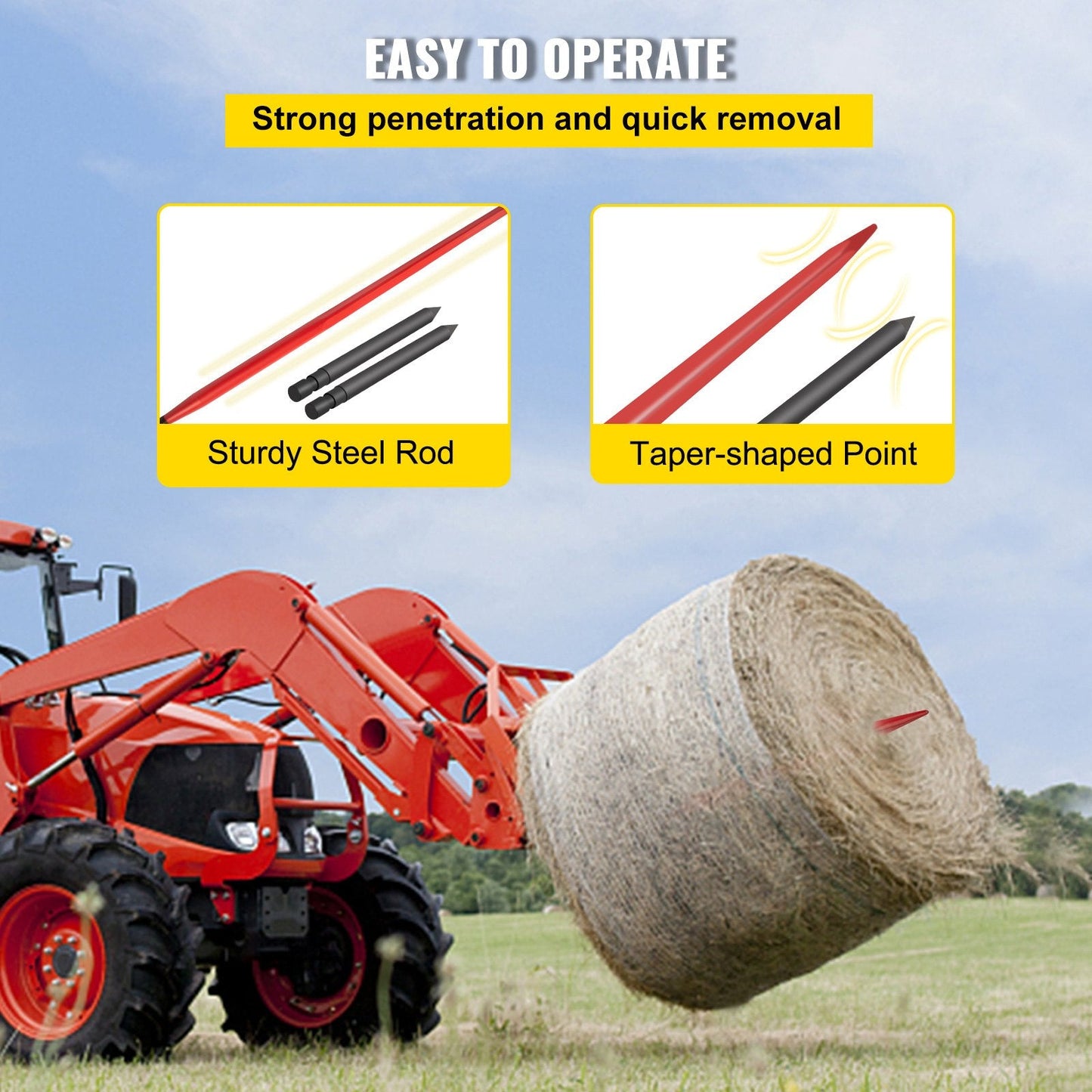 49" Red Hay Bale Spear with Stabilizer, 1360 kg Capacity, Quick Attach