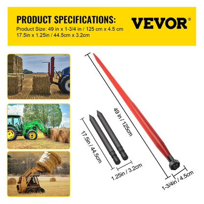 49" Red Hay Bale Spear with Stabilizer, 1360 kg Capacity, Quick Attach