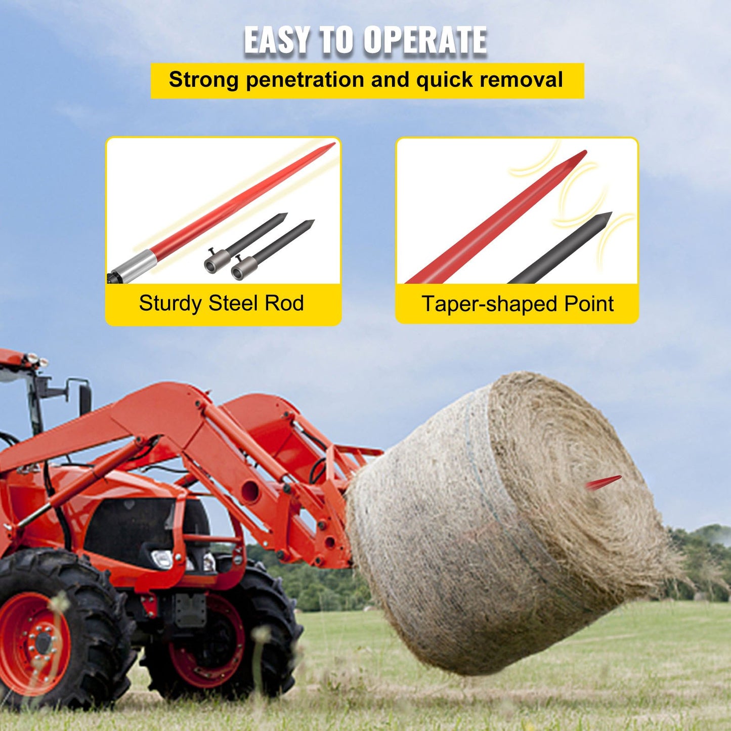 VEVOR Hay Spear 49" Bale Spear 3000 lbs Capacity, Bale Spike Quick Attach Square