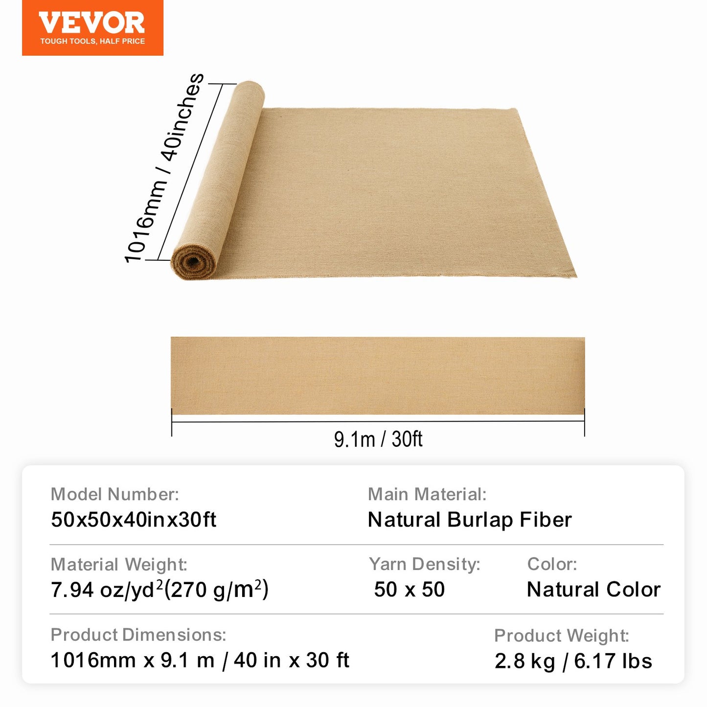 VEVOR Burlap Fabric Roll Burlap Tree Wrap 1016 mm x 9.1 m for Crafts & Plants