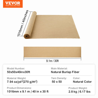 VEVOR Burlap Fabric Roll Burlap Tree Wrap 1016 mm x 9.1 m for Crafts & Plants