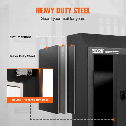 Heavy-Duty Steel Mail Drop Box with Combination Lock, Black, 305 × 155 × 360 mm