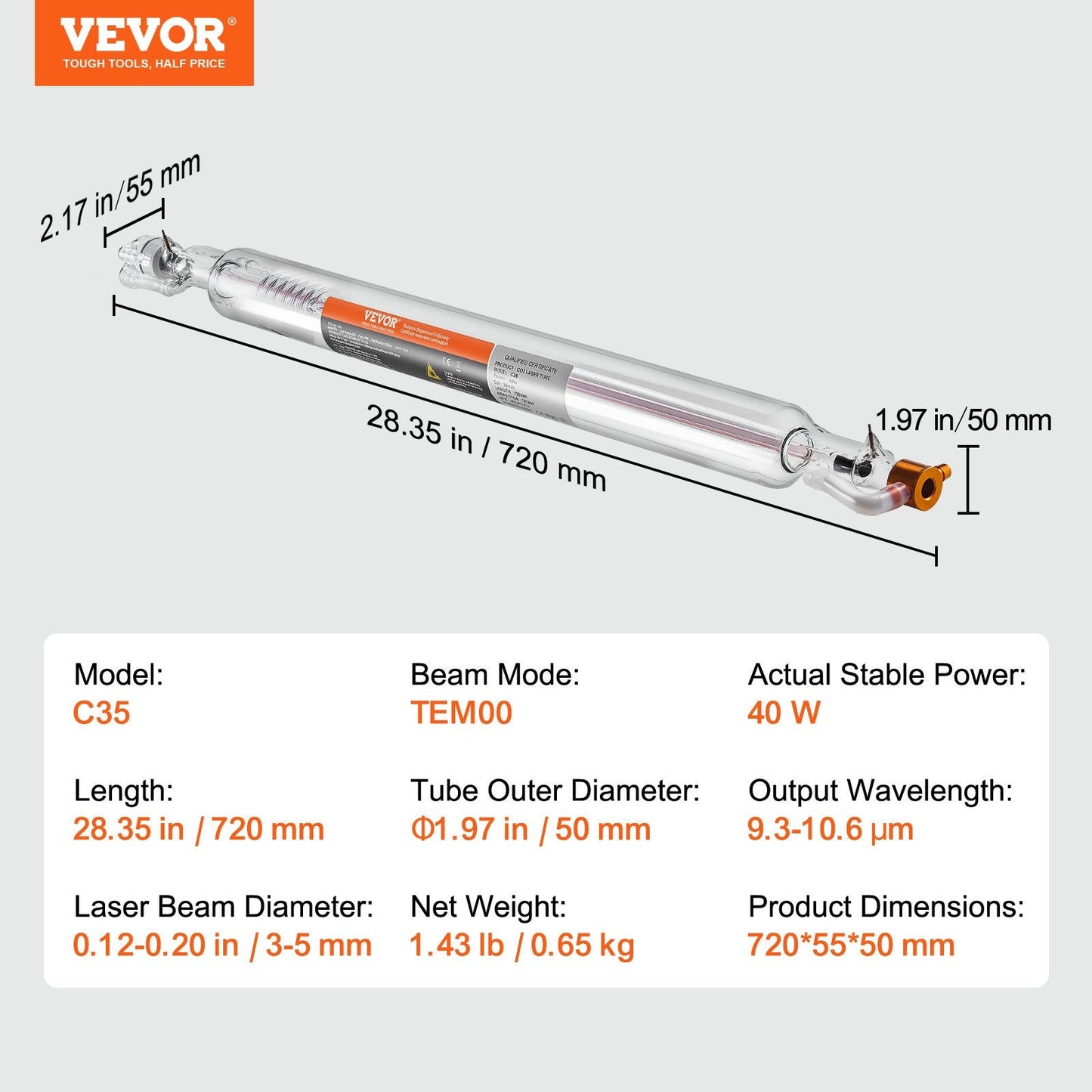 40W CO2 Laser Tube, 720 mm for Engraving and Cutting, TEM00 Beam Mode
