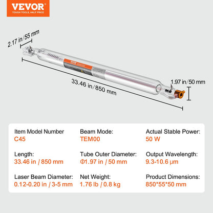 50W CO2 Laser Tube for Engraving and Cutting, 0.85m Length, 0.8kg Weight