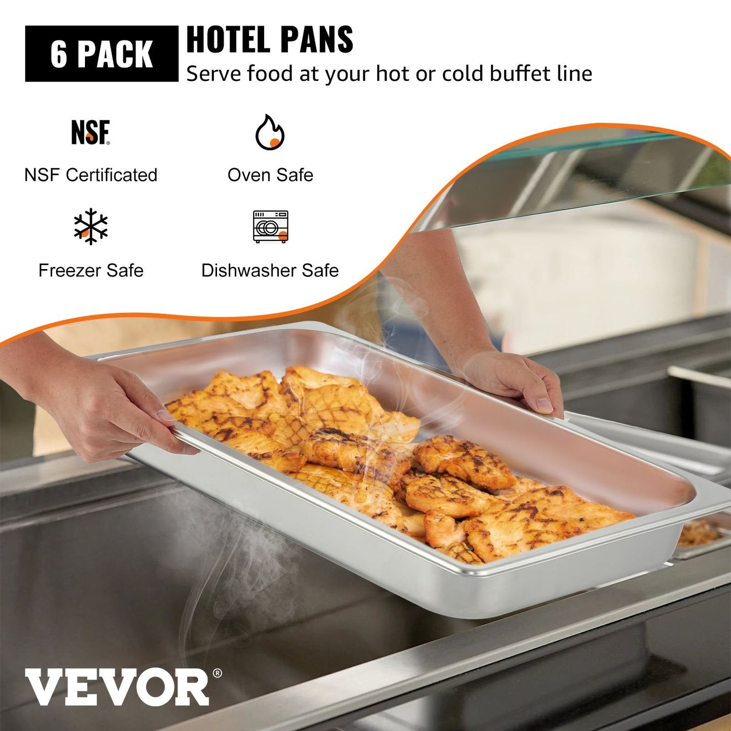 Full-Size Hotel Pans, 0.065m Deep, 6-Pack Stainless Steel Steam Table Pans