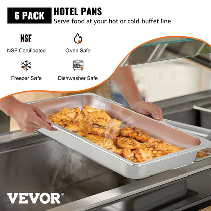 Full-Size Hotel Pans, 0.065m Deep, 6-Pack Stainless Steel Steam Table Pans