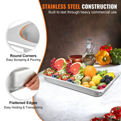 Full-Size Hotel Pans, 0.065m Deep, 6-Pack Stainless Steel Steam Table Pans