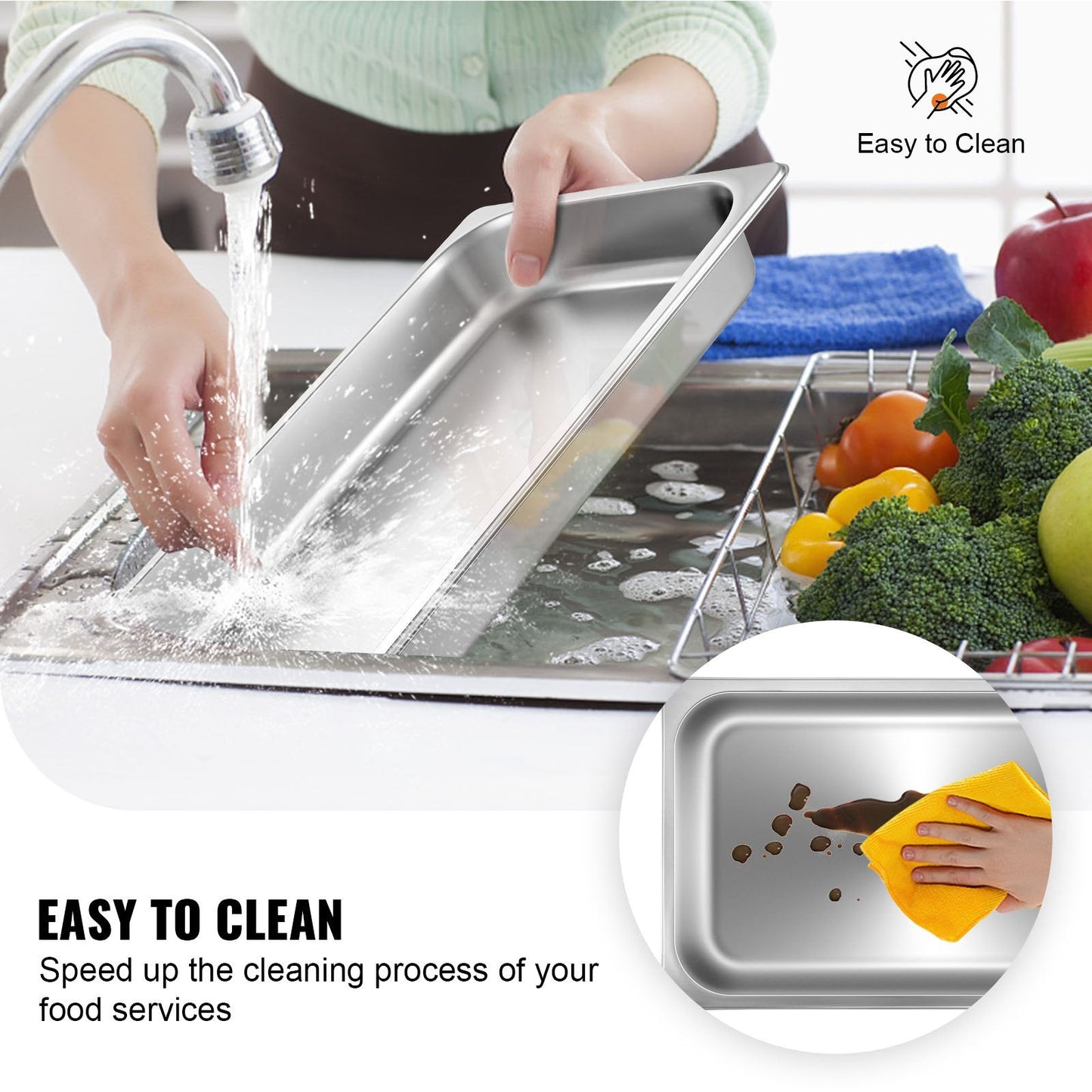 Full-Size Hotel Pans, 0.065m Deep, 6-Pack Stainless Steel Steam Table Pans