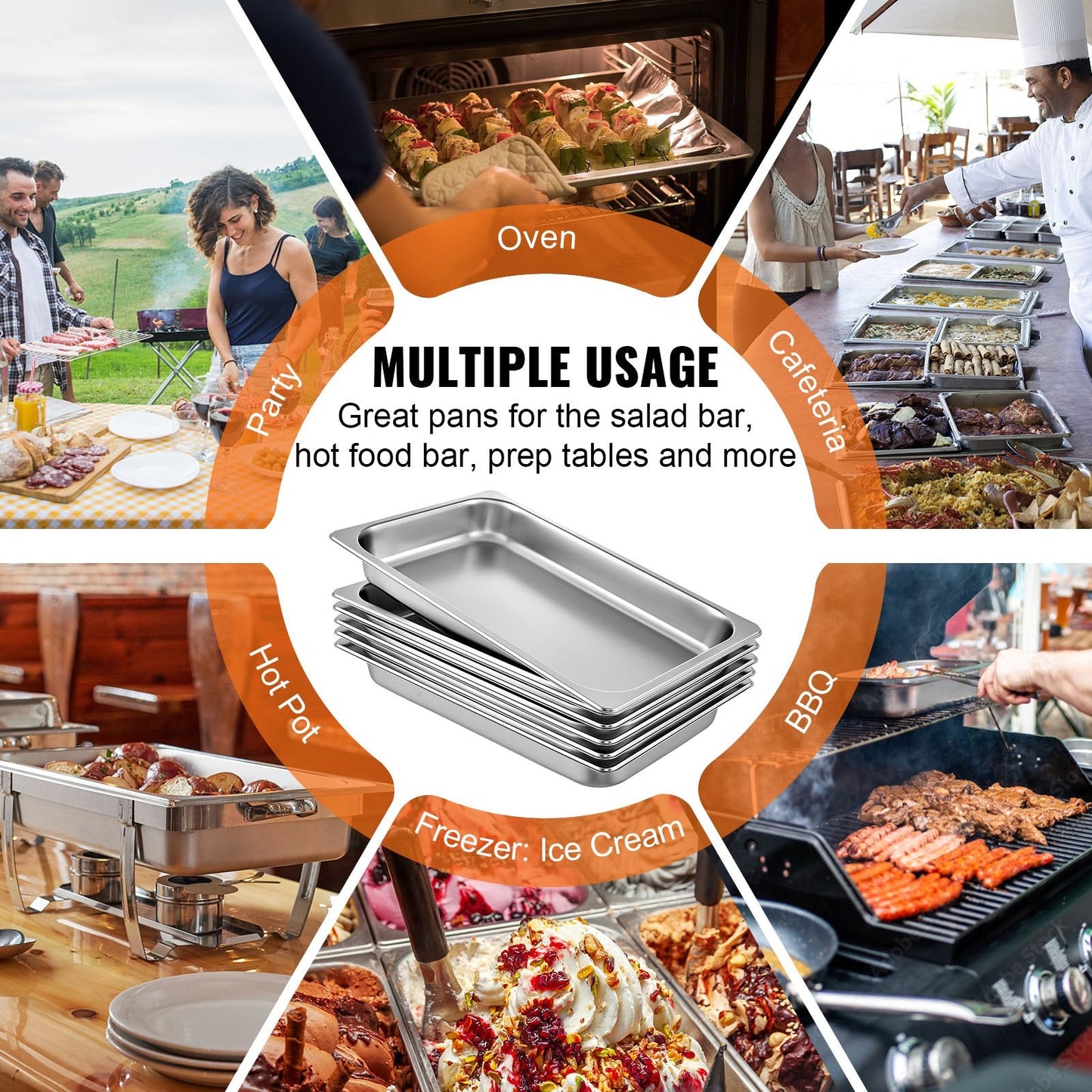 Full-Size Hotel Pans, 0.065m Deep, 6-Pack Stainless Steel Steam Table Pans