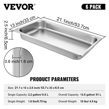 Full-Size Hotel Pans, 0.065m Deep, 6-Pack Stainless Steel Steam Table Pans