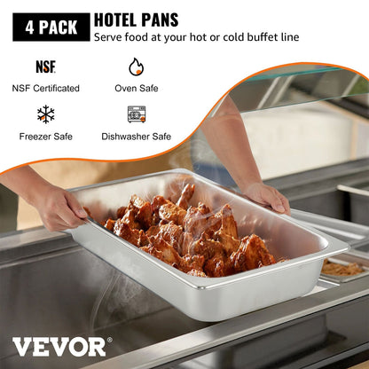 4-Pack Full-Size Stainless Steel Hotel Pans with Lids, 53.7 x 33 x 9.5 cm