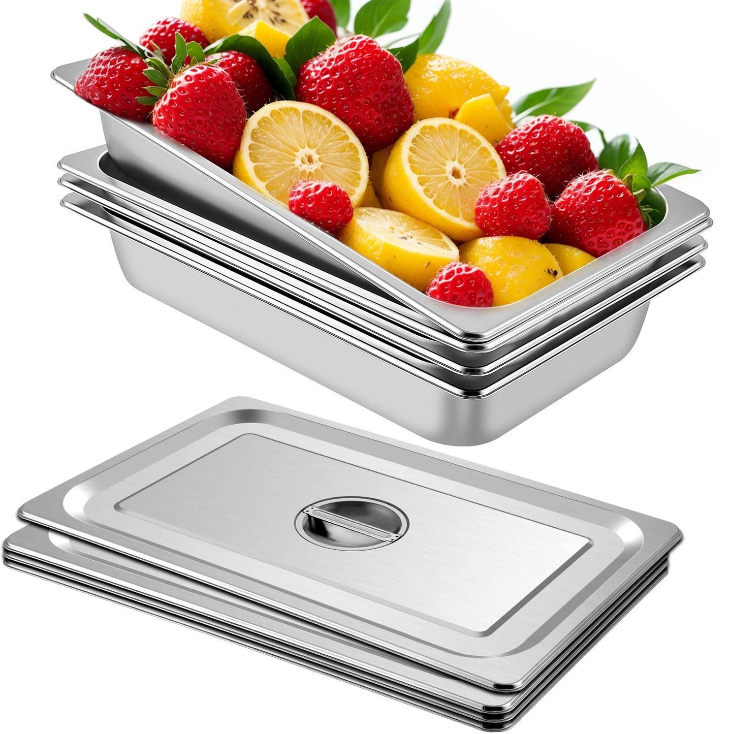 4-Pack Full-Size Stainless Steel Hotel Pans with Lids, 53.7 x 33 x 9.5 cm