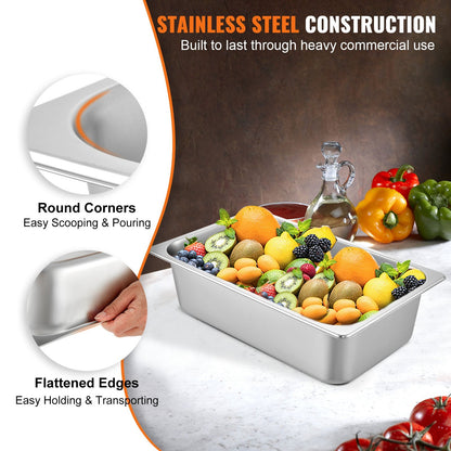 Full Size Steam Table Pans, 0.8mm Thick Stainless Steel, 6-Pack, 117L Capacity