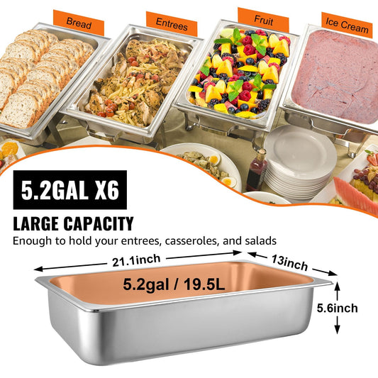Full Size Steam Table Pans, 0.8mm Thick Stainless Steel, 6-Pack, 117L Capacity