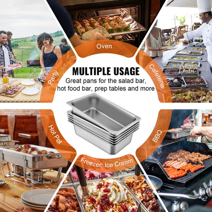 Full Size Steam Table Pans, 0.8mm Thick Stainless Steel, 6-Pack, 117L Capacity