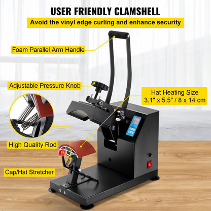 Cap Heat Press Machine, 9x14cm, Aluminum Sublimation, 350W, for Golf Caps