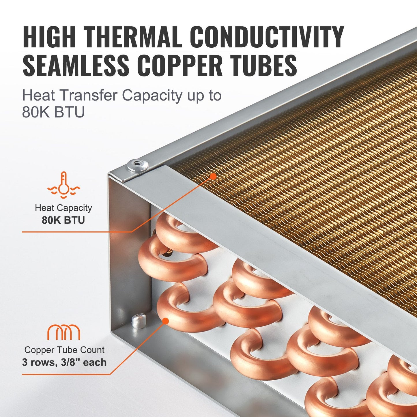 16x16 cm Water-to-Air Heat Exchanger, 3-Row Copper, 193 Fins, High Efficiency