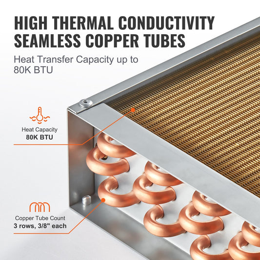 16x16 cm Water-to-Air Heat Exchanger, 3-Row Copper, 193 Fins, High Efficiency