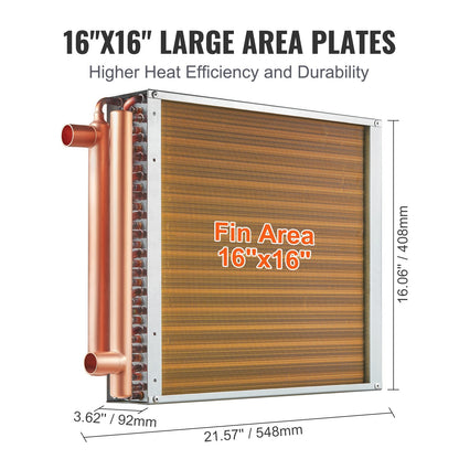 16x16 cm Water-to-Air Heat Exchanger, 3-Row Copper, 193 Fins, High Efficiency