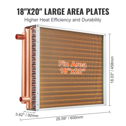 18x20 cm Copper Water to Air Heat Exchanger, 3-Row, 242 Aluminum Fins