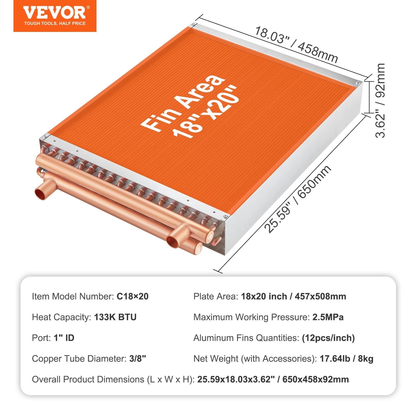 18x20 cm Copper Water to Air Heat Exchanger, 3-Row, 242 Aluminum Fins