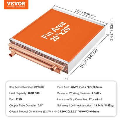 High-Efficiency 50.8 x 50.8 cm Water to Air Heat Exchanger with Copper Ports