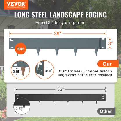 Steel Garden Edging Kit, 5-Pack, 1m x 0.08m, Bendable Metal Borders, Dark Gray