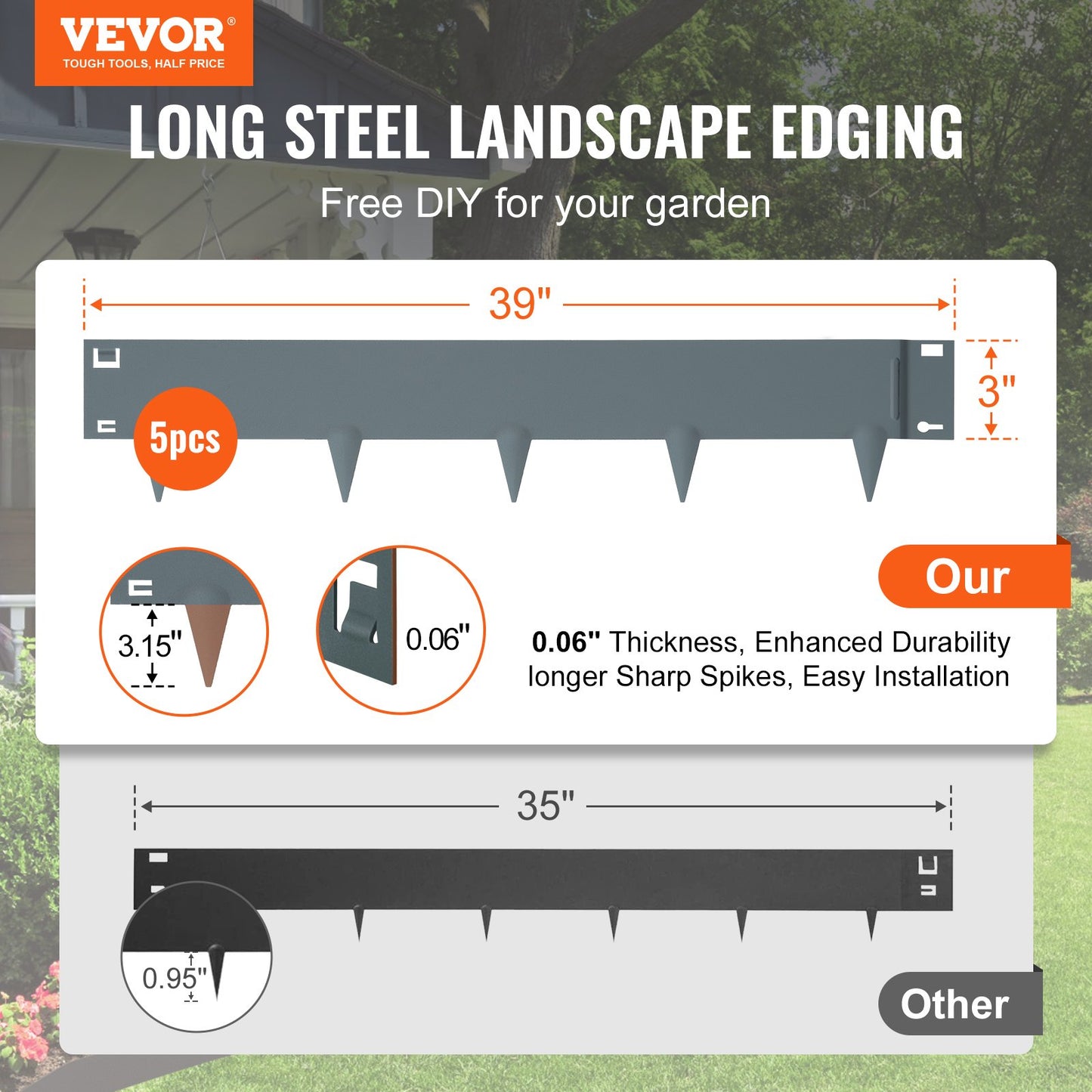 VEVOR Steel Landscape Edging, 5-pack Steel Garden Edging Borders, 39" L x 3" H Strips,