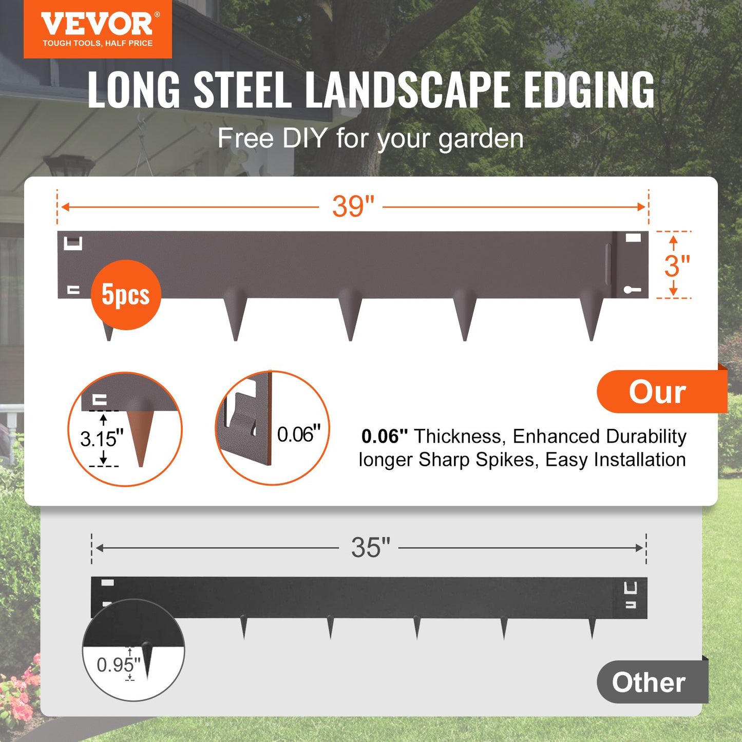 VEVOR Steel Landscape Edging, 5-pack Steel Garden Edging Borders, 39" L x 3" H Strips,