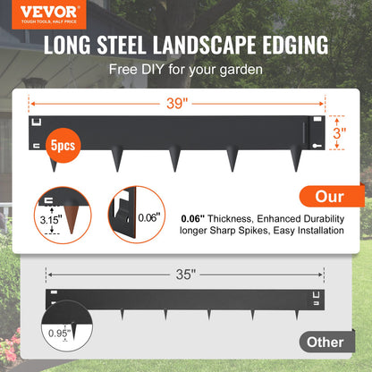 VEVOR Steel Landscape Edging, 5-pack Steel Garden Edging Borders, 39" L x 3" H Strips,