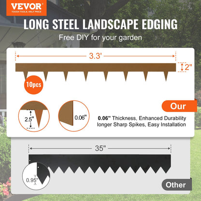 Rustic Brown Steel Garden Edging, 10-Pack, 1m x 5cm, Bendable Metal Borders