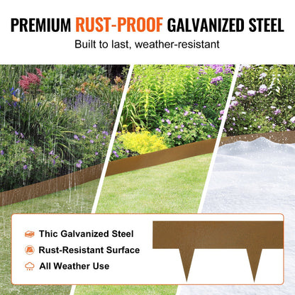 Rustic Brown Steel Garden Edging, 10-Pack, 1m x 5cm, Bendable Metal Borders