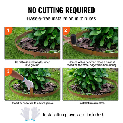 Rustic Brown Steel Garden Edging, 10-Pack, 1m x 5cm, Bendable Metal Borders