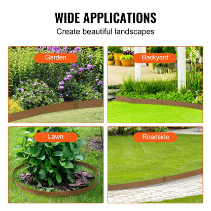 Rustic Brown Steel Garden Edging, 10-Pack, 1m x 5cm, Bendable Metal Borders