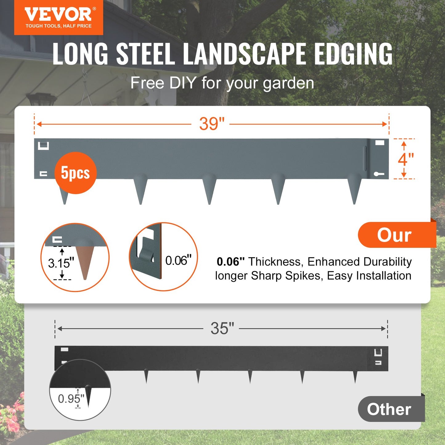 VEVOR Steel Landscape Edging, 5-pack Steel Garden Edging Borders, 39" L x 4" H Strips,