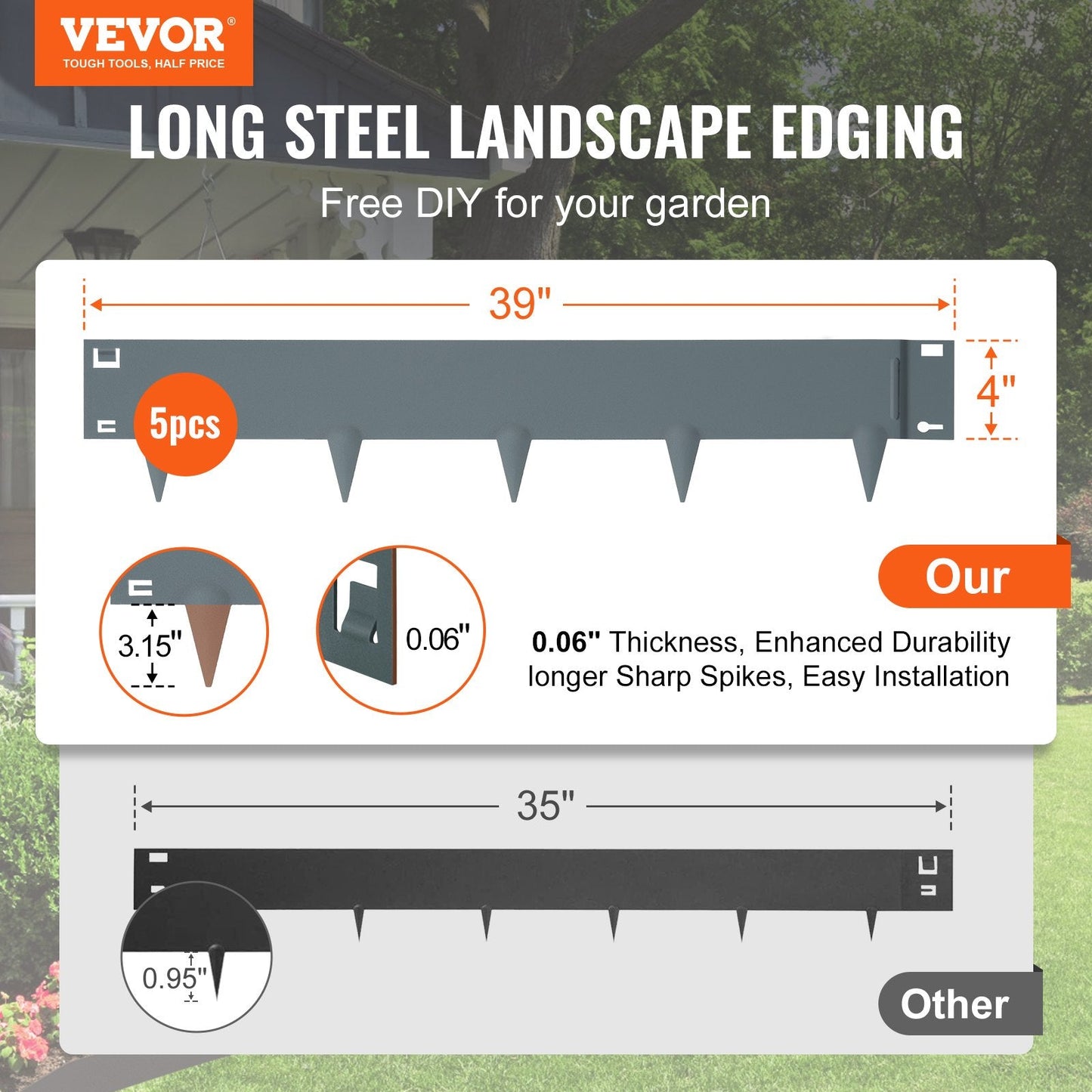 Steel Garden Edging Borders, 5-Pack, 0.1m x 12m, Dark Gray, Bendable & Durable