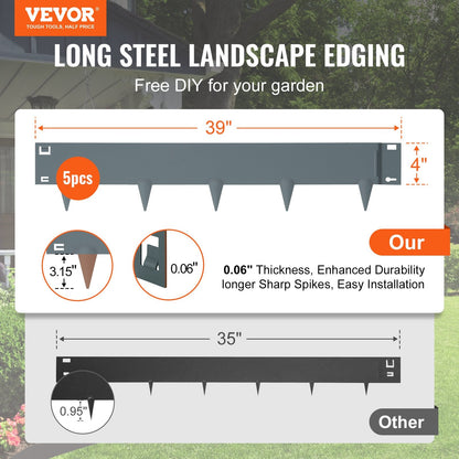 Steel Garden Edging Borders, 5-Pack, 0.1m x 12m, Dark Gray, Bendable & Durable