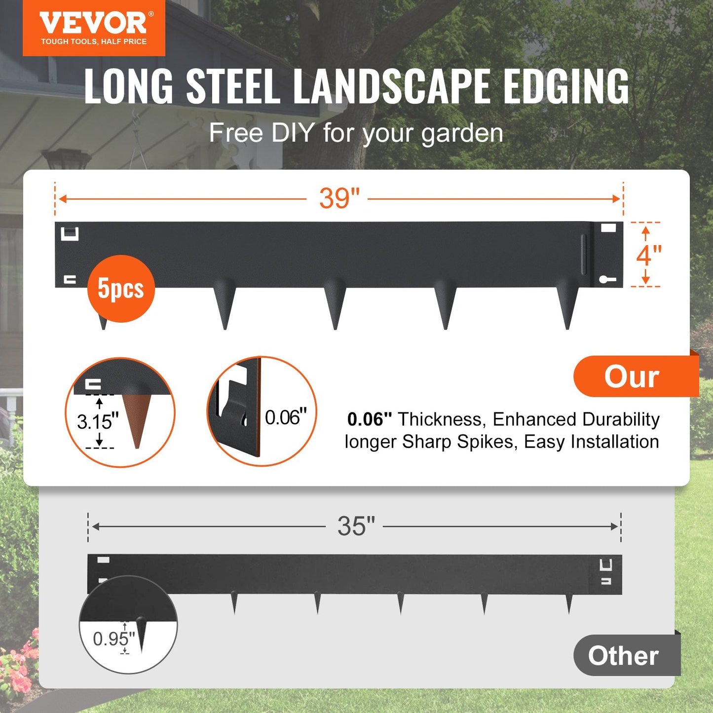 Durable Steel Garden Edging Borders, 5-Pack, 1m x 0.1m, Black