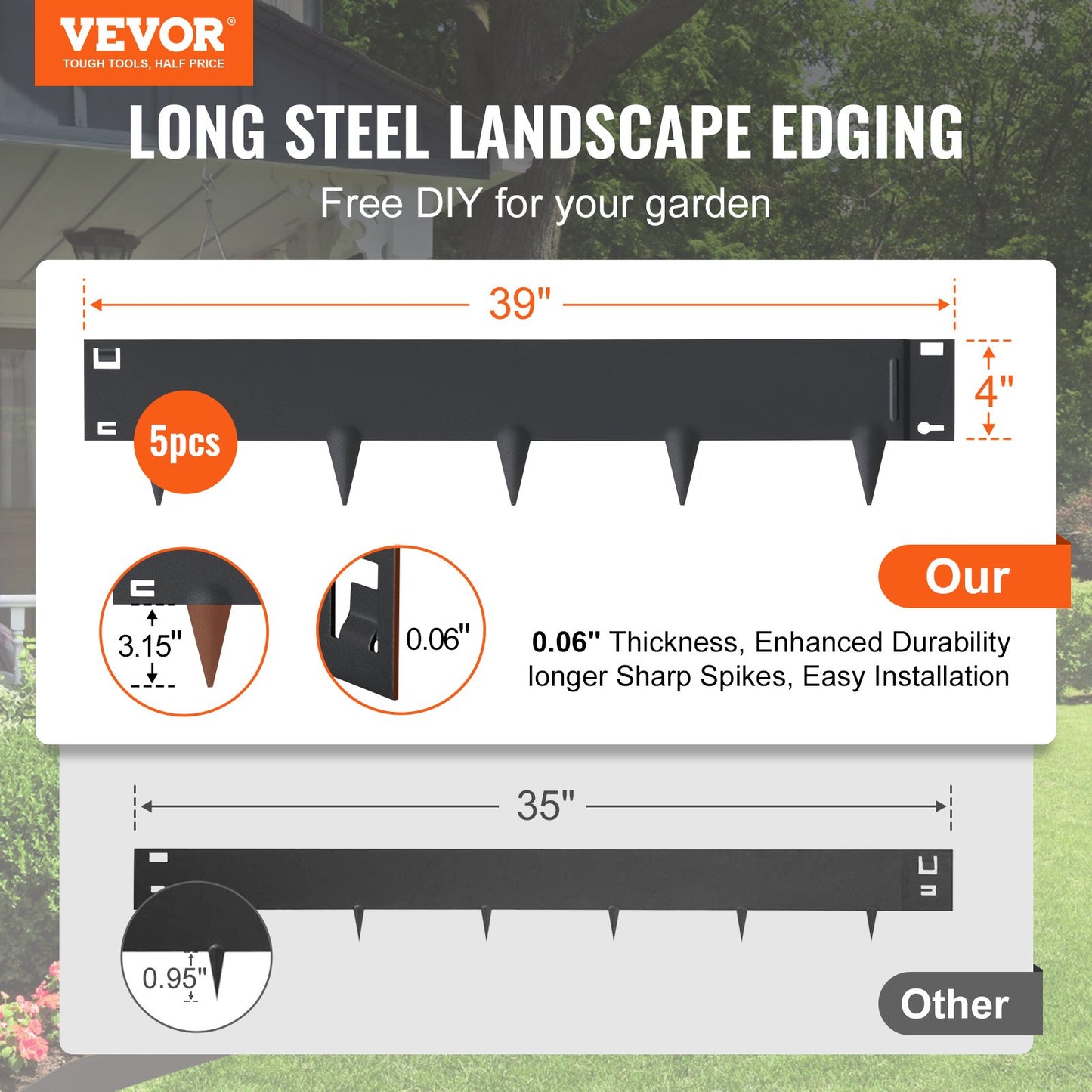 VEVOR Steel Landscape Edging, 5-pack Steel Garden Edging Borders, 39" L x 4" H Strips,