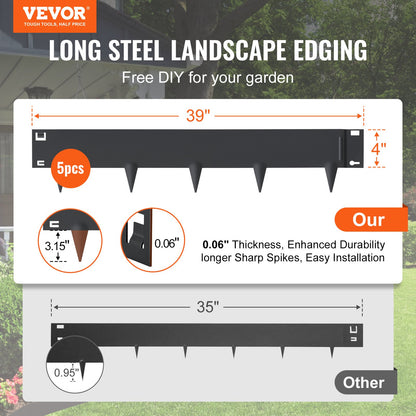 VEVOR Steel Landscape Edging, 5-pack Steel Garden Edging Borders, 39" L x 4" H Strips,